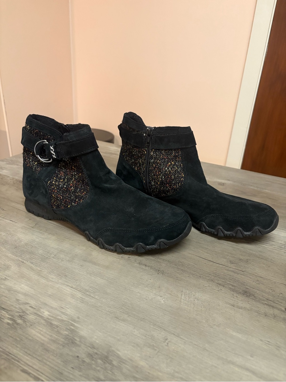 Skechers Black Suede Ankle Booties with Multicolor Knit Panels